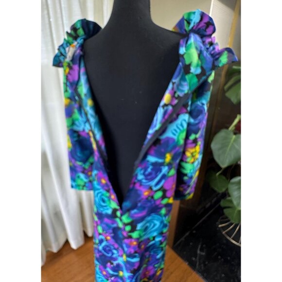 Vintage 70s dress, blue, teal, purple, yellow floral print, funky maxi, ruffled - Picture 9 of 10